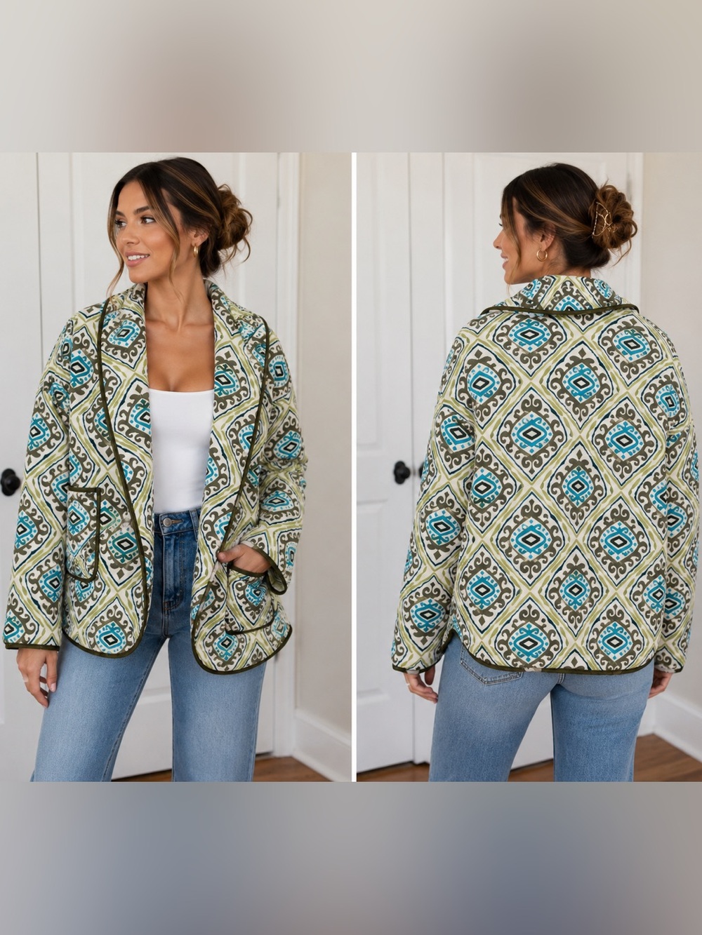 Printed Geo Quilted Jacket in Teal & Olive - Women’s Coat
